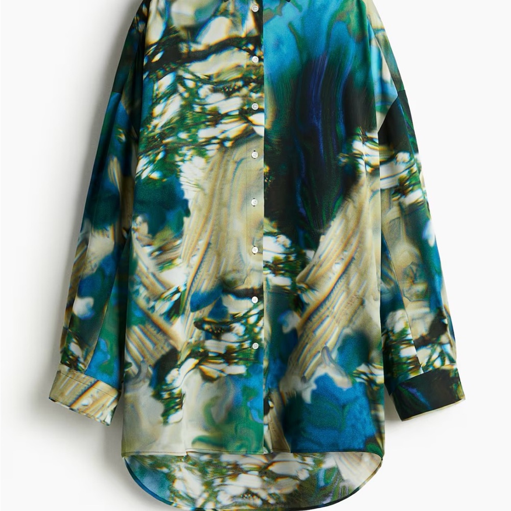 Abstract Blue and Green Women's button up shirt - Picture 3 of 3